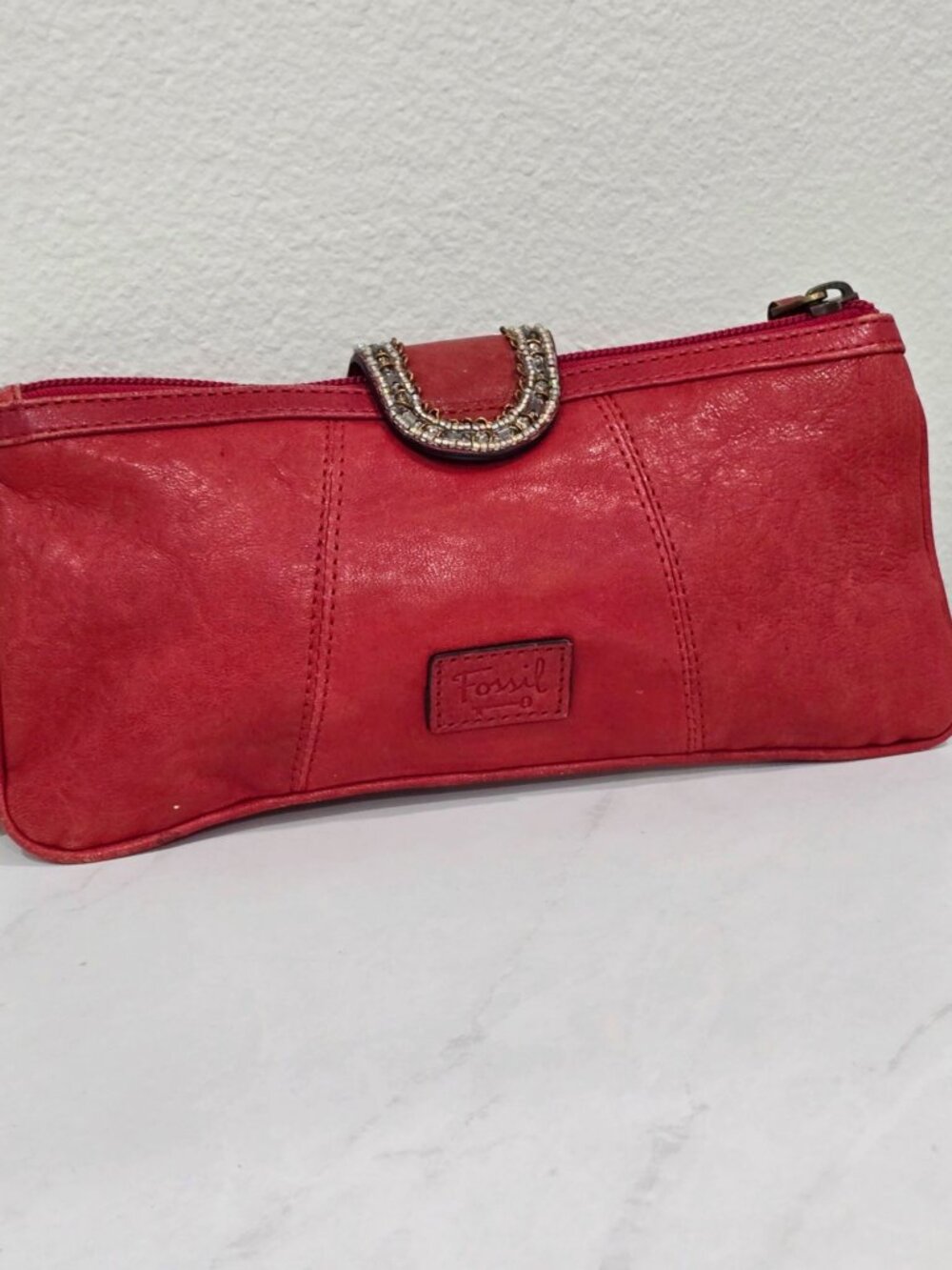 Fossil ✦ Red Leather Hand Beaded Clutch ✦ Rhinestone Accents Zip Closure 10" - Picture 3 of 10
